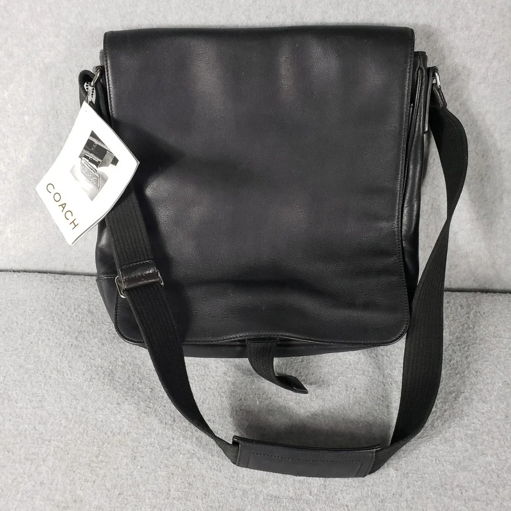 NWT Coach Black‎ Leather Messenger Crossbody Bag Adjustable Strap Buckle Unisex